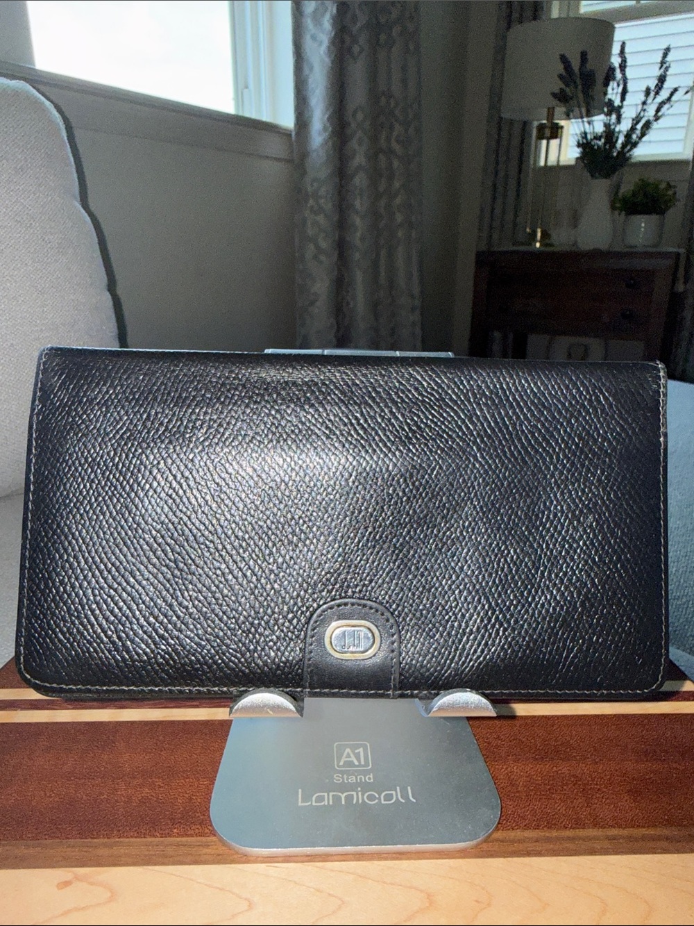 Dunhill Black Leather Pebbled Wallet with Metal Logo Plaque